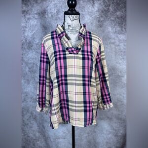 Crown & Ivy Cotton Pink &Cream Plaid Button Down Shirt W Ruffled Neckline Size M
